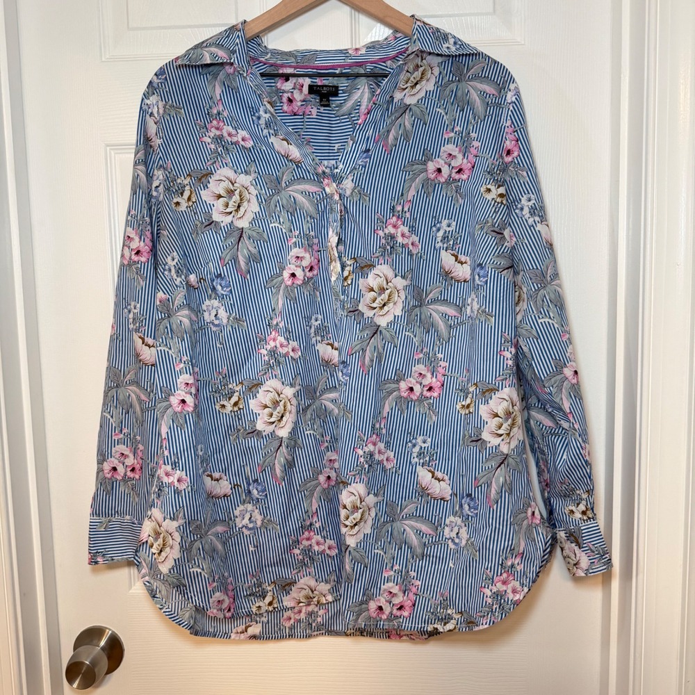 Talbots Plus Women 1X Stripe Floral 100% cotton Tunic popover Blouse Long Sleeve